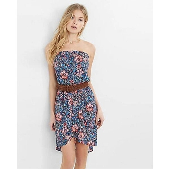 Express Dresses & Skirts - Express Women's Vine Floral Print Strapless Hi-Lo Wrap Dress Blue Pink XS